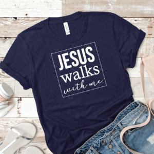 Jesus walks with me screen print transfer navy mockupJesus walks with me screen print transfer navy mockup