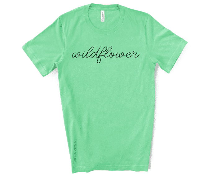 wildflower screen print transfer on mint tshirt