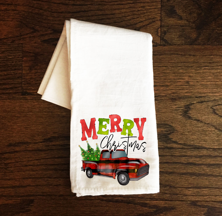 merry xmas truck tea towel